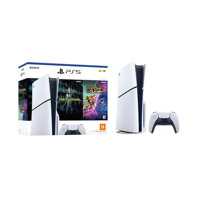 Oferta de Console Sony PlayStation 5 Slim + Returnal e Ratchet & Clank - SO000124PS5 | Branco / Preto por R$3699 em Fujioka