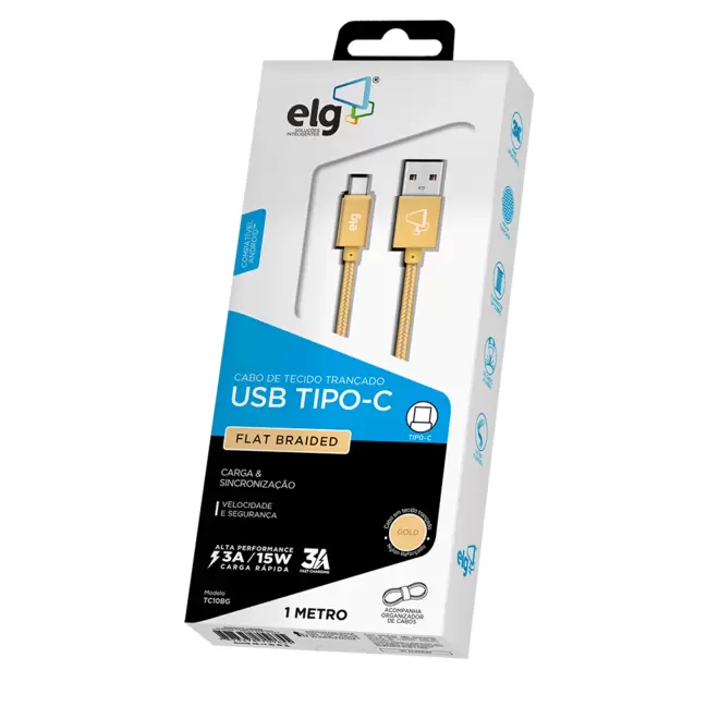 Oferta de Cabo ELG USB Tipo C 1 Metro Para Recarga e Sincronização - TC10BG | Dourado por R$14 em Fujioka