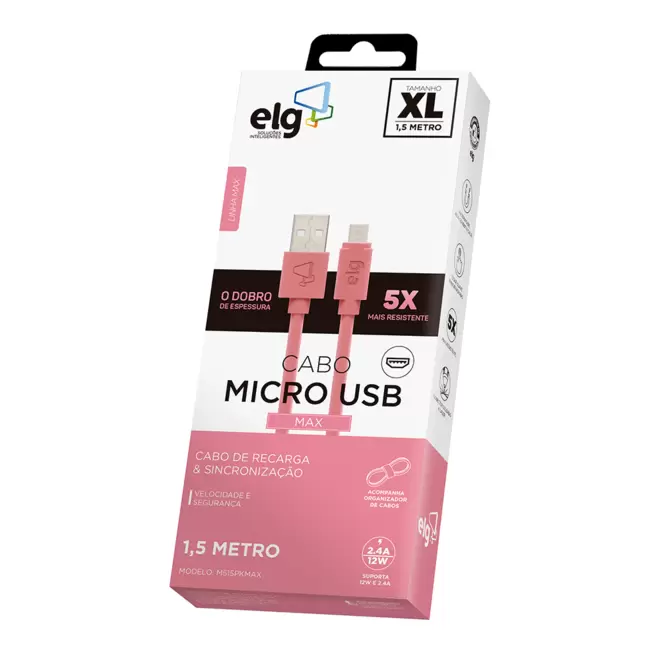 Oferta de Cabo ELG Micro USB 2.4A / 12W Carga rápida - Cabo 5X mais resistente - M515PKMAX, Rosa | 1,5 metro por R$9 em Fujioka