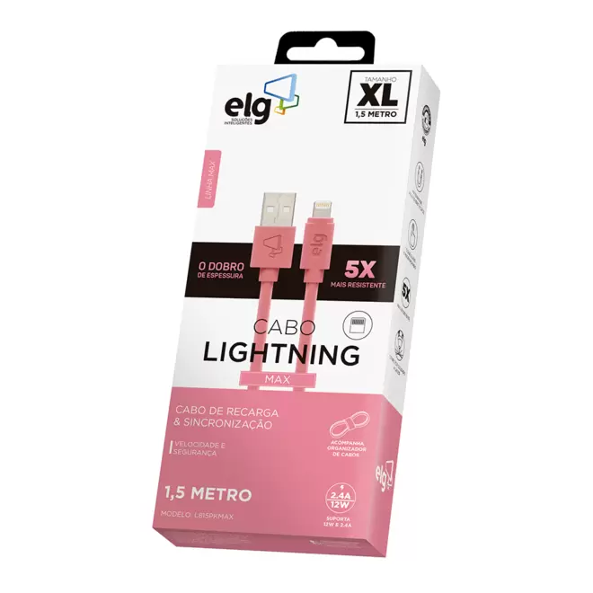 Oferta de Cabo ELG USB Lightning 2.4A / 12W Carga rápida - Cabo 5X mais resistente - L815PKMAX, Rosa | 1,5 metro por R$19,9 em Fujioka