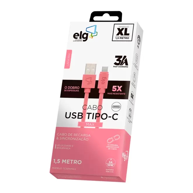 Oferta de Cabo ELG USB TIPO-C 3A / 15W Carga rápida - Cabo 5X mais resistente - TC15PKMAX, Rosa | 1,5 metro por R$19,9 em Fujioka