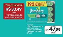 Oferta de Pampers - Lenços Umedecidos L4P3 Aloe Vera/Higiene Completa/Cheirinho De Bebe/Splash por R$47,89 em Drogal