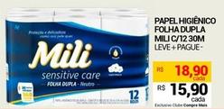 Oferta de Mili - Papel Higienico Folha Dupla C/12 30M  por R$18,9 em Compre Mais