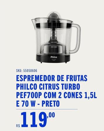 Oferta de Philco - Espremedor De Frutas Citrus Turbo PEF700P Com 2 Cones 1,5L E 70W-Preto por R$119 em Casas Bahia