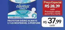 Oferta de Always - Protetor Diário C/120 Respiravel S/perfume por R$37,99 em Drogal