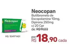 Oferta de Neocopan - Neocopan Butilbrometo De Escopolamina 10mg, Dipirona 250mg C/ 20 Cpr  por R$18,9 em Drogal