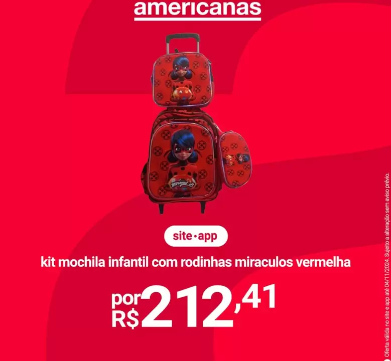 Oferta de Kit Mochila Infantil Com Rodinhas Miraculos Vermelha por R$212,41 em Lojas Americanas