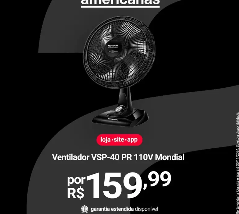 Oferta de Mondial - Ventilador VSP-40 PR 110V por R$159,99 em Lojas Americanas