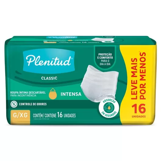 Oferta de Roupa Íntima Plenitud Classic para Incontinência G\u002FXG 16 Unidades por R$48,39 em Drogal