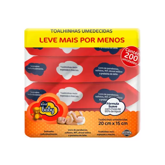 Oferta de Kit Toalhas Umedecidas Infantil Kind Baby 200 Unidades por R$22,99 em Drogal