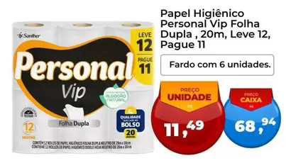 Oferta de Personal Vip - Papel Higiênico Folha Dupla, 20m por R$11,49 em Tonin Superatacado