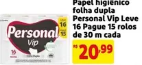 Oferta de Personal - Papel Higiênico Folha Dupla Vip Leve 16 Pague 15 Rolos De 30 M Cada por R$20,99 em Mercado Extra