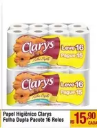 Oferta de Clarys - Papel Higiênico Folha Dupla Pacote 16 Rolos por R$15,9 em Max Atacadista