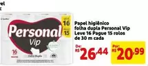 Oferta de Personal - Papel Higiênico Folha Dupla Vip Leve 16 Pague 15 Rolos De 30 M Cada por R$26,44 em Extra