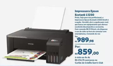 Oferta de Epson - Impressora  Ecotank L1250 por R$859 em Sam's Club