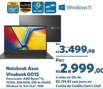 Oferta de Asus - Notebook Vivobook GO15 por R$2999 em Sam's Club