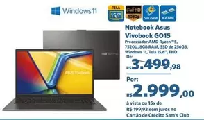 Oferta de Asus - Notebook Vivobook GO15 por R$2999 em Sam's Club