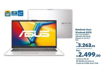 Oferta de Asus - Notebook Vivobook GO15 por R$2499 em Sam's Club