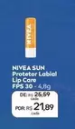 Oferta de Nivea Sun - Protetor Labial Lip Care FPS 30 por R$21,89 em Drogal