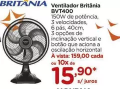 Oferta de Britânia - Ventilador Bvt400 por R$159 em Carrefour