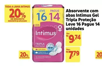 Oferta de Intimus - Absorvente com Abas Gel Tripla Proteção Leve 16 Pague 14 unidades por R$9,74 em Mercado Extra