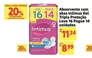 Oferta de Intimus - Absorvente com Abas Gel Tripla Proteção Leve 16 Pague 14 unidades por R$11,24 em Extra