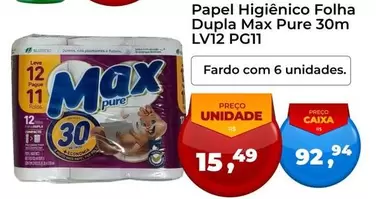 Oferta de Max Pure - Papel Higiênico Folha Dupla por R$15,49 em Tonin Superatacado