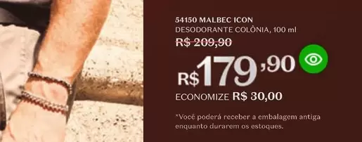 Oferta de O boticario - Malbec Icon Desodorante Colônia por R$179,9 em O Boticário